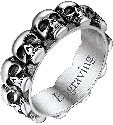 FaithHeart Edelstahl Totenkopf Fingerring für Herren Männer Punk Gotik Schädel Ring mit Gravur für Valentinstag Party