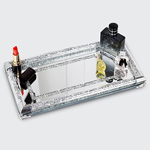 SHYFOY Vassoio Decorativo a Specchio Vassoio per Gioielli Rettangolare in Argento Vassoio per Profumi in Vetro con Diamanti Organizer per Trucco Moderno per la Decorazione Domestica, 32 CM