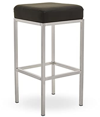 Premier Housewares Black Pu And Chrome Finish Bar Stool, Black Faux Leather Upholstery, Square Shaped Padded Seat, Metallic Base Bar Stools, W35 x D35 x H69cm.