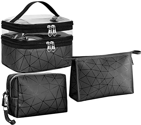 Lakpopya Kulturbeutel Set, 3 Stück Kosmetiktasche mit Rautenmuster, Doppelschichtige Transparent Makeup Tasche + Waschtaschen für Damen & Männer (Schwarz)