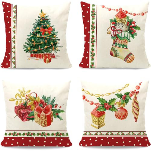 Cirzone Kissenbezug Weihnachten 40x40 cm 4er Set Weihnachtskissen Weihnachtsbaum Weihnachtsstrümpfe Schachtel Kissen Weihnachtsdeko Weihnachten Dekoration für Home Sofa Schlafzimmer