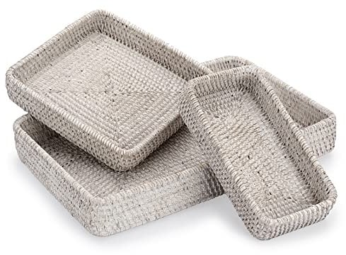 IGNPION Set of 3 Rattan Serving Tray Decorative Display Table Storage with Handle Desktop Organiser for Tableware, Kitchen, Makeup, Vanity, Jewelry, Candle, Ornament(Whitewash), IGPUK0568