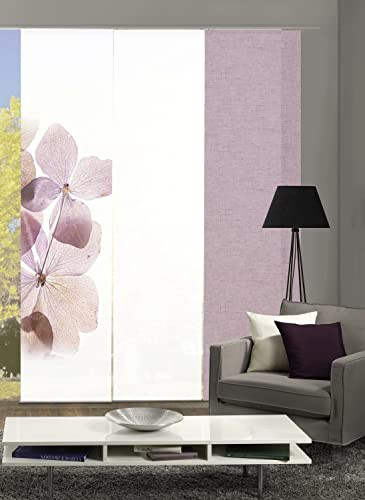 HOME WOHNIDEEN Schiebewand Bonita Leinenstruktur Digitaldruck mit Zubehör, Farbe:rosé, Größe:245 x 60 cm, Anzahl:3er Set (2X Bedruckt, 1x Uni)