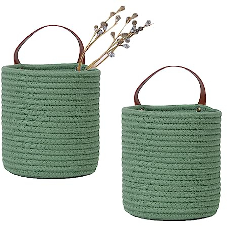 Kleiner Hängekorb, Baumwollseil, Wandkorb mit Griff, Hängekörbe, Regalkörbe, Aufbewahrungskorb, Schrank-Organizer, 16 x 17,8 cm, gewebter Pflanzkorb, Grün, 2 Stück