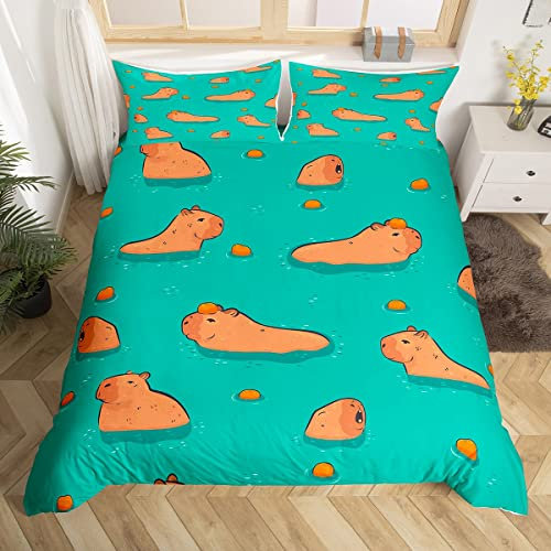 Housse de Couette Capybara 140x200,Ensemble de Literie Capybaras dans l'eau pour Enfants Adolescents,Housse Couette Souris Mignonne Animaux Rongeurs Parure de Lit Style Dessin Animé Cadeaux Kawaii