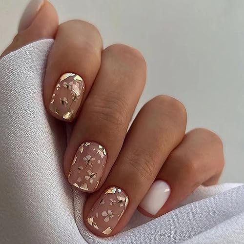24 Pièces Carrés Court Faux Ongles French Blanc Fleurs Ongles à Coller Naturel Acrylique Bâton sur Ongles avec Dessin Ballerine Pleine Couverture Press on Nails pour Femmes et Filles DIY Nail Art