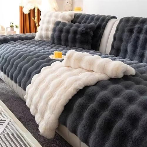 Gluhbirnen Kaninchen Plüsch Sofabezug, Sofa überwurfdecke, Sofa Überwurf, Sofaschoner rutschfest, Warmer Super Weicher Plush Sofabezug, Schwarzgrau, 110 * 180CM