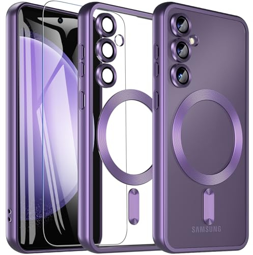 Für Samsung Galaxy S23 FE Hülle mit Schutzfolie, Magnetisch Handyhülle S23 FE Kompatible mit MagSafe Militärschutz Kameraschutz Matt Transluzente Schutzhülle Case Cover für Samsung S23 FE(Lila)