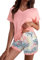 Litherday Schlafanzug Damen Kurzarm Sommer Shorty Pyjama Set aus Baumwolle Zweiteilig mit Karierten Shorts V-Ausschnitt Elastischer Bund & Loungewear,Rosa Pflanze,XL