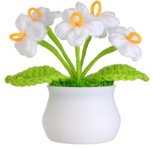 JUSTOYOU künstliche Blume häkeln Blumen Topf Pflanze, Mini gestrickte Blumentopf, kleine handgefertigte Häkelblume für Home Office Tischdekoration, Geschenk für ihre Valentinstag (1, weiße Blume)