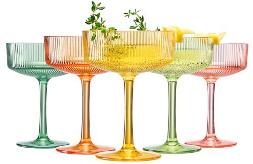 Khen Acrylic Ribbed Vintage Art Deco Martini Glasses, Set of 5 8oz Spring & Summer Pastel Shatterproof Coupe Stemware Cocktail Champagne Drinkware Tumblers Indoor Outdoor Wedding Poolside Entertaining