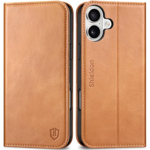 SHIELDON Case for iPhone 16 Plus, Genuine Leather Wallet Case [Card Slots][Kickstand][RFID Blocking] Magnetic Protection Folding Flip Phone Case Compatible with iPhone 16 Plus 2024 - Oily Brown