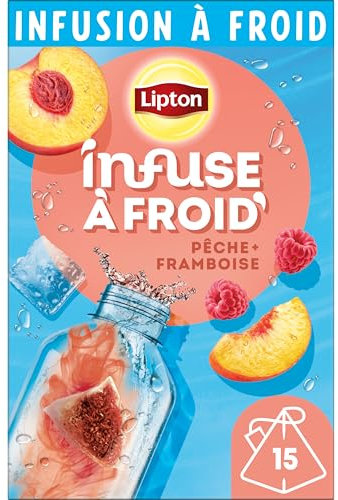 Lipton Infuse à Froid Pêche Framboise, eau froide infusée, eau aromatisée, à emporter partout, 15 sachets Pyramid
