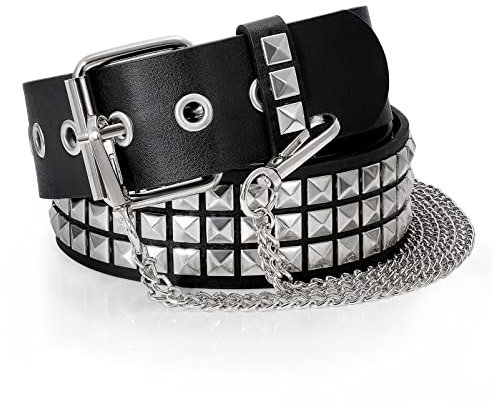 WHIPPY Nietengürtel Leder Metall Punk Rock Nietengürtel für Damen/Herren Punk-Ledergürtel mit abnehmbarer kette Gotischer Gürtel Zubehör für Jeanshosen,110cm