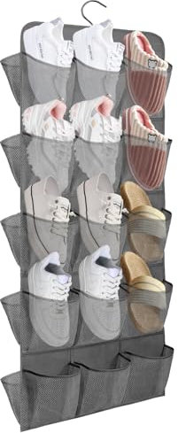 ASelected 30 Large Reversible Hanging Shoe Storage, Hanging Organiser Over the Door Shoe Racks, Mesh Pockets Storage hanger for Bedroom Bathroom Closet, 130 x 42Cm, Gray