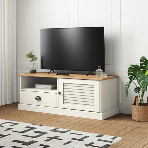 KLYEON Meuble TV Vigo Blanc 106x40x40 cm Bois Massif de pin,Table de télévision en Bois offrant des rangements et Un Style Rustique pour Votre Salon Ameublement et Décoration, Meubles TV
