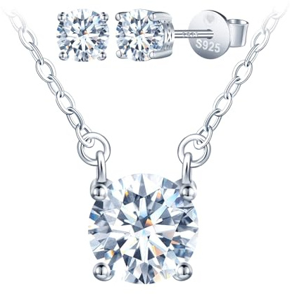 INFINIONLY Women Solitaire Diamond Necklace and Earrings Studs 925 Silver Jewellery Sets Pendant Studs D Colour VVS1 Perfect Cut 3 Carat Four Claws Moissanite GRA Certificate Wedding Party Jewellery