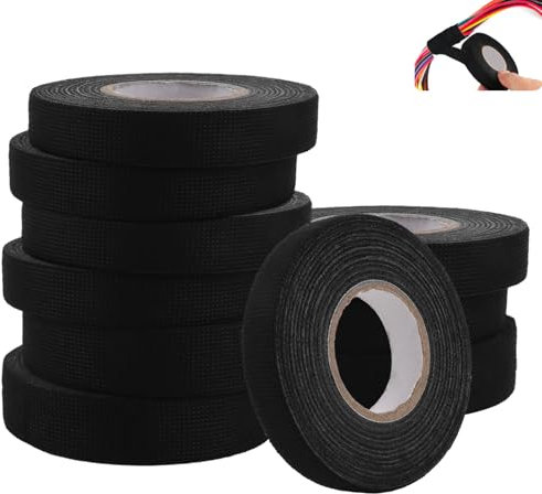 SHUESS 10 Stück Gewebeband Schwarz, Kabelbaum Klebeband 2 Größen, Isolierband schwarz Stoffauto Klebeband für Kabelbäume, Haushalt Kfz Motorrad(15mm/19mm)