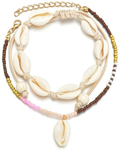 Wnddle 2 Pièces Cheville Coquillage, White Bracelet De Cheville Coquillage, Bracelets de Cheville de Coquille Naturelle, racelets de cheville perlés faits à la main, Pour Femmes et Filles