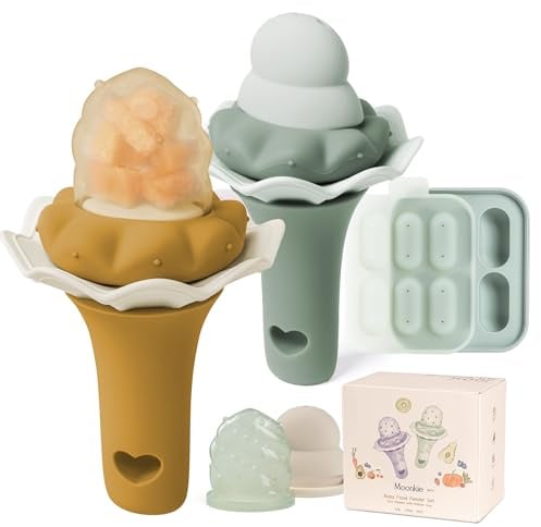 Moonkie Fruchtsauger Baby mit Gefrierschrank Tablett, BPA-Frei Silikon Fruchtschnuller mit Zwei Größen Beutel, 4 Monate+ Zahnungshilfe, Geschenk zur Babyparty, 2 Stück(Salbei/Bock)