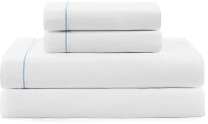 Tommy Hilfiger - Sheet Set, Cotton Percale Bedding with Matching Pillowcase, Crisp & Cool, Solid Design with Hem Stripe (White/Blue, Twin)