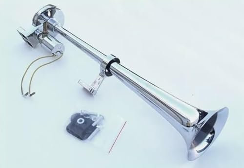 12/24V Hupe Horn 430mm Fanfare Druckluft Nebelhorn Rund mit Ventil 43cm 125dB Chrom Metal Hochwertig inkl. Montagesatz LKW Wohnwagen Boot Landtechnik Neu OVP