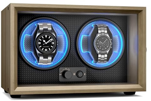Klarstein Brienz 2 Uhrenbeweger – Leiser Uhrenbeweger Für 2 Uhren In Holzoptik Mit 4 Rotationsmodi & LED-Beleuchtung, Memory-Schaumstoffkissen, USB-Betrieb