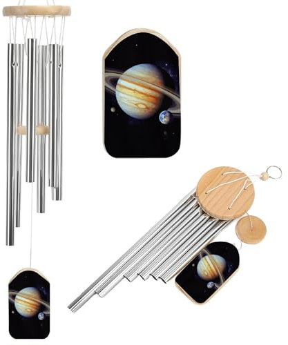 Planet Jupiter Windspiel für draußen, Gedenkstimmung, Aluminiumlegierung und Holz, Outdoor-Windspiel, große Gartendekoration mit melodischem Klang für Terrasse, drinnen, draußen