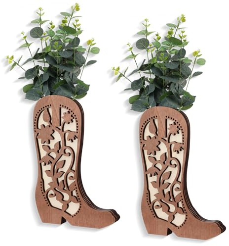 Havawish 2 Pcs Wood Cowboy Boots Wall Planter for Indoor Plants 12 x 8'' Cowboy Boot Flower Vase Hanging Pocket Vases for Flower Faux Greenery Wood Wall Decor for Bathroom Bedroom(Cute Style)