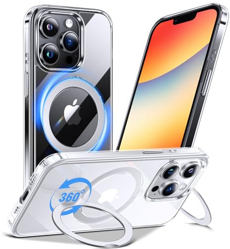 Anqrp 360° All-in-ONE Crystal Clear Case for iPhone 13 Pro with Rotatable Magnetic Stand, Compatible with Mag-Safe, Anti-Yellowing Transparent MIL-Grade Shockproof Phone Case Cover for iPhone 13 Pro