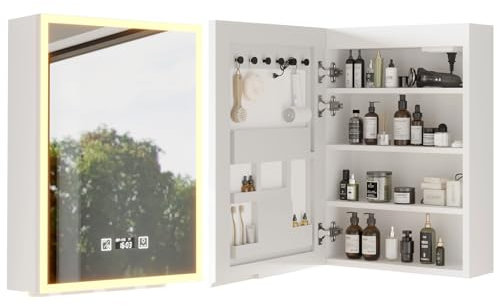 Bonnlo Spiegelschrank Bad mit Beleuchtung, Steckdose & USBs, Beschlagfreier und 3 Farbtemperaturen Dimmbarer Spiegelschrank Bad mit Integrierter Zeit- und Temperaturanzeige, 50 x 15,5 x 70 cm, MDF