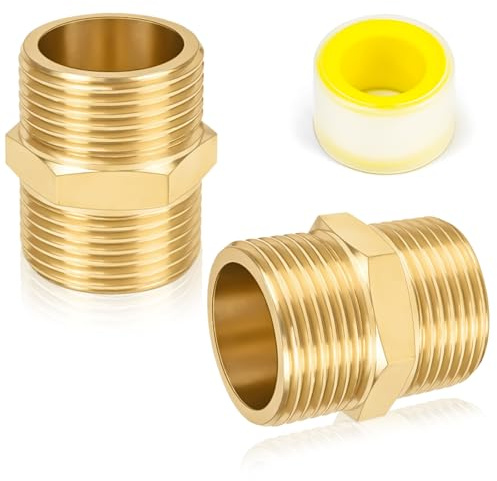 FLEXNOVA 2 Stück Doppelnippel 3/4 Zoll(Ø25mm), Messing Fitting Schlauchanschluss Schlauchverbinder Verschraubung Muffe Adapter 3/4 Zoll Doppelnippels mit Gewindedichtband für Trinkwasser Wasserleitung