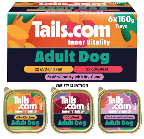 Tails.com Inner Vitality • Wet Dog Food 6 x 150g • Variety Multipack 65% Chicken, 60% Beef and 60% Poultry & Game • Adult 1-7 years • Grain Free Recipes • Made with natural ingredients