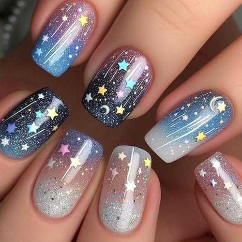 24 Pcs Square Press on Nails Medium Length, Glitter Starry Sky False Nails in 12 Sizes, Acrylic Full Cover Stick on Nail with Glue Stickers, Stars Moon Pattern Fake Nail for Women Girls DIY Decoration