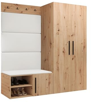 Mirjan24 Garderoben-Set Mapreni I, Schuhschrank + Kleiderhakenbrett + Kleiderschrank Gepolstertes Paneel/Wandpaneel Kleiderhaken Flurgarderobe Wandgarderobe (Artisan Eiche, Soft 017)