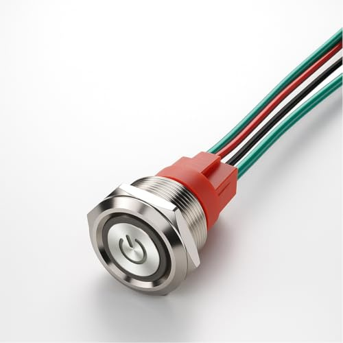 Guuzi Interruptor Pulsador de Enclavamiento de Tipo Corto de 20A 12-24V Impermeable para uso Marino de 4 pines 22mm SPST con LED Verde Iluminado y Cable
