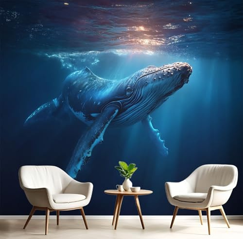 Blau 3D Fototapete Vlies Fantasie Ozean Wale Moderne Wanddekoration, Premium 3D Fantasie Tiere Kunstdruck Tapete Tv-Hintergrundwand Für Schlafzimmer, Wohnzimmer & Kinderzimmer 200×140cm(W×H)