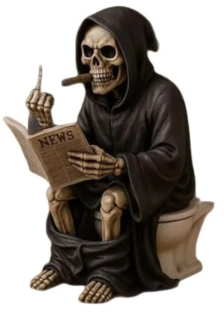 Hrlace Figurines de Squelette Grimreaper Doigt d'honneur Figurine Toilettes Crâne Statue Décoration Halloween Statues Amusantes de Faucheuse Résine Figurines de Squelette pour Maison Bureau Bureau