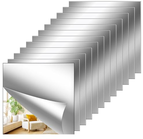 Srumvoat 12 Pcs Mirror Tiles 15/20CM, 2mm Thick HD Mirrors Stickers for Walls, Self Adhesive Acrylic Mirror Tiles for Wall Bathroom, Non-Glass, Safety Reflective for DIY Craft Home Wall Decor (15 CM)