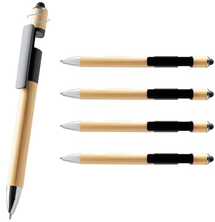 WPRO Bambus Kugelschreiber Set 5 Stück mit Touchpen HERO – Schreibgerät aus Bambus; integriertes Dreh Element; Smartphone Halter für Büro und Business