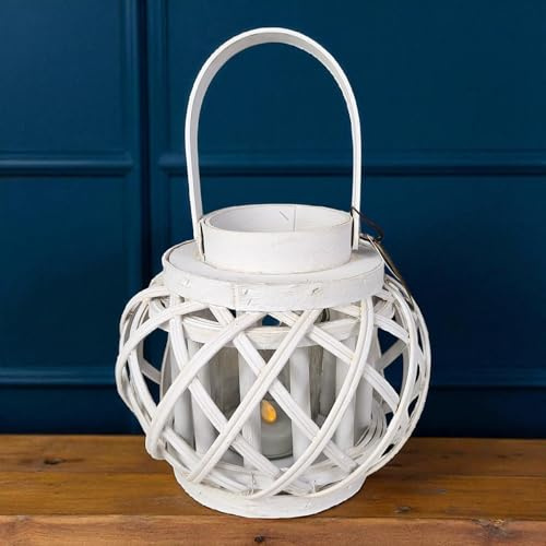 Laterne aus Holz und Rattan 18/31cm hoch, weiß, Glas Windlicht Boho Korbgeflecht