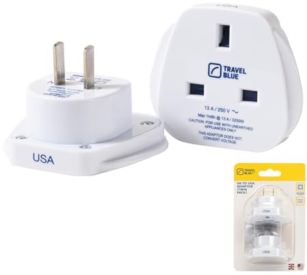 Travel Blue® UK to US Plug Adaptor | UK 3-Pin to US 2-Pin Plug Travel Adaptor Converter | Works in USA, Canada, Japan, China, Thailand & More | Compact & Lightweight - Pack of 2