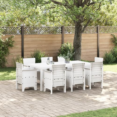 IBUQDDV Ensemble de table à manger de jardin 9 pièces avec coussins en polyrotin blanc, 8 personnes, résistant aux UV, imperméable, verre de sécurité, coussins amovibles, design moderne pour balcon