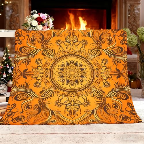 Super Soft Wohndecke Dick XL 130x150cm WunderschöNes Mandala-Muster Flanell Decke Couchdecke Sofadecke Vielseitig Blanket Orange Farbe für Sofa Bett Studentenwohnheim Wohnung Feiertags