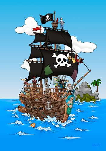 Piraten Poster mit vielen Motiven – Abenteuerliche Kinderzimmer Wandbilder mit Schätzen, Seeräubern & tropischer Insel – Spannende Kinder-Deko für Jungen (Piratenschiff, 40x60 cm)