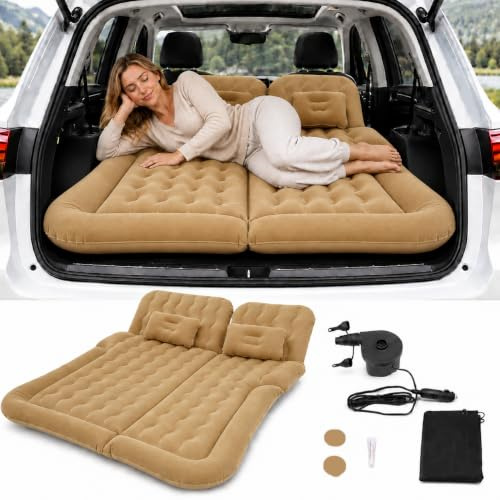 Goddlgjik Matelas gonflable pour siège arrière de voiture, amovible, portable, matelas gonflable multifonction avec 2 coussins et pompe à air électrique (beige) pour camping, voyage, extérieur, SUV