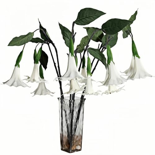 3Pcs 25″Artificial Datura Flowers Realistic PU Artificial Angel‘s Trumpet Flowers Fake Petunias Flower Stems Faux Trumpet Shaped Plants Branch for Vase Home Office Wedding Party Floral Decor (white)