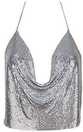 Butterme Sexy Catena V Profonda delle Donne Sexy Profonda Catena V Halter Maniche Backless Metallo Vest Paillettes CroWomen Halter Maniche Backless Metallo Crop Top Club Wearp Top Club Wear