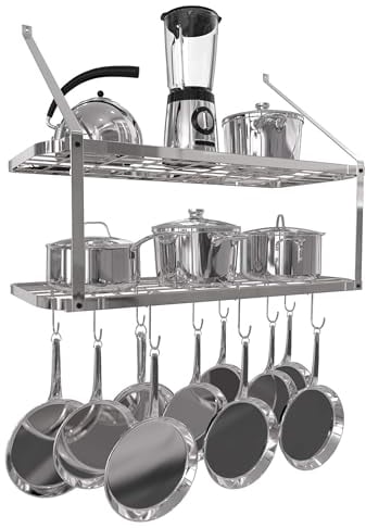 Vdomus Hanging Pot and Pan Rack, 13.7 Dx29.5 Wx10.6 H - 2-Tier Wall Mounted Kitchen Shelves - Heavy-Duty Cast Iron Cookware and Utensils Storage - Tiered Multipurpose Organizer with Moveable Hooks