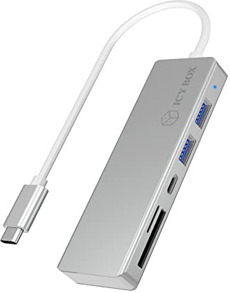 ICY BOX 60369 3-fach USB-C Hub und Kartenleser für SD und microSD,3x USB 3.0, USB 3 Anschluss, Aluminium, integriertes Kabel, silber/weiß
